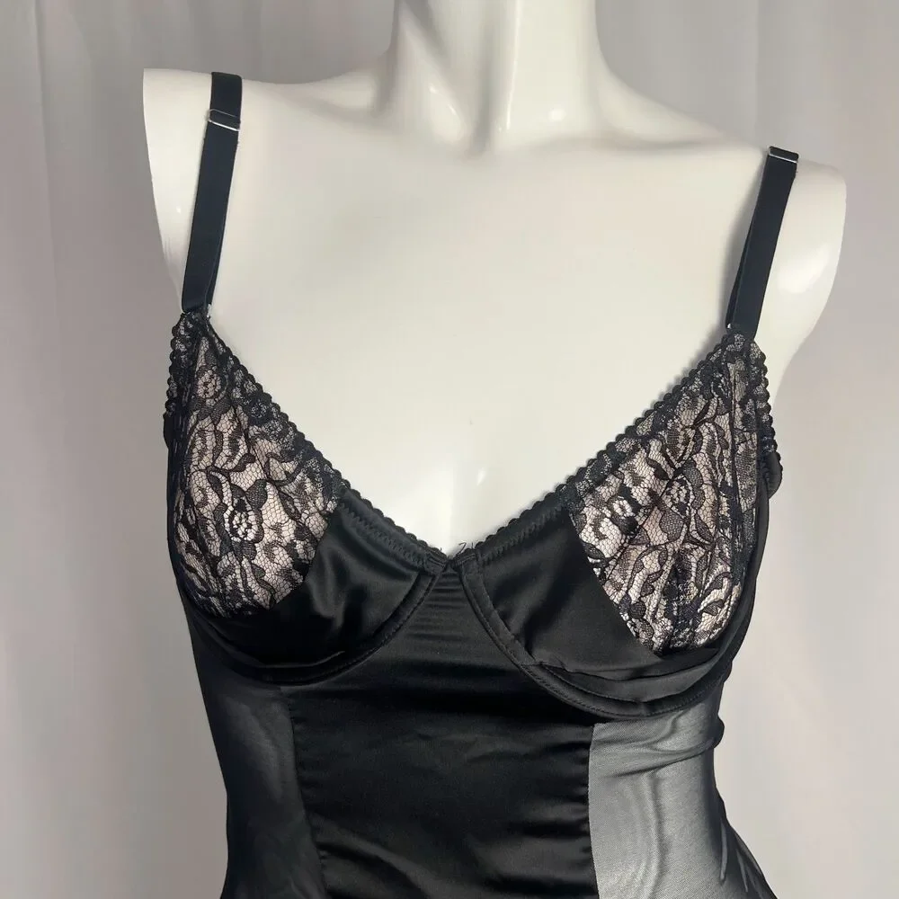 Y2K Vintage Victoria's Secret Black Slip Dress Mesh Panels Lace Garter Size 34C
